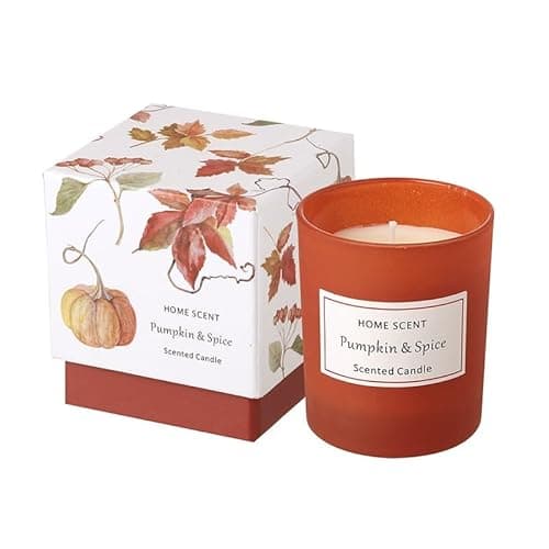 Image of Heaven Sends Pumpkin and Spice Scented Candle in Gift Box – Autumn Home Fragrance in Frosted Glass Jar – Warm Seasonal Aroma with Decorative Leaf Packaging