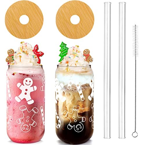 Image of Christmas Cups, 18oz/532ml Christmas Coffee Mugs Beer Glass with Lid and Straw Christma Gingerbread Tumbler Drinking Glasses Glassware Drinkware Cookie Jar Home Decorations Gifts for Women Kids Men