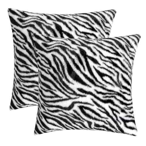 Image of HOSTECCO Zebra Print Cushion Covers 45x45cm Pack of 2, Black and White Faux Fur Cushion Cases, Soft Fluffy Animal Print Square Decorative Pillow Covers for Living Room Sofa Couch Bedroom