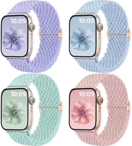 Image of Mastten 4 Pack Braided Solo Loop Compatible with Apple Watch Straps 46mm 45mm 44mm 49mm 42mm, Stretchy Elastic Nylon Sport Strap for iWatch SE Series 11 10 9 8 7 6 5 4 3 2 1 Ultra 3 2 1