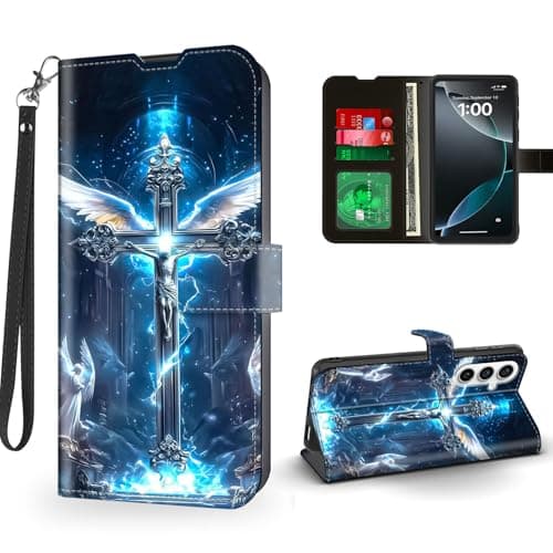 Image of ETLKJVBL for Galaxy S24 Case Wallet with Card Holder, Silver Cross with Glowing White Magnetic Snap and RFID Blocking Leather Flip Cover/Kickstand for Galaxy S24 Phone Case