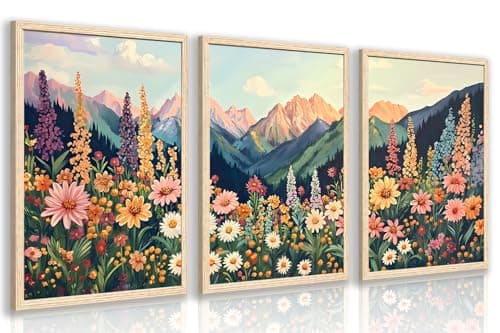 Image of kilamino Wood Framed Mountain Daisy Wildflower Landscape Wall Art, Boho Floral Wall Decor, Colorful Daisy Flower Canvas Paintings, Vintage Nature Botanical Poster Prints for Living Room 16"x24"x3