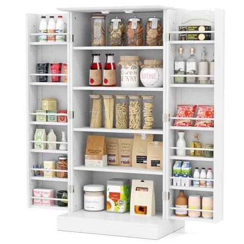 Image of GiantexUK Kitchen Cupboard, Wooden Buffet Pantry Cabinet with 17 Shelves and 2 Doors, Multifunctional Storage Organizer for Living Room Dinning Room (White, 60 x 40 x 120cm)