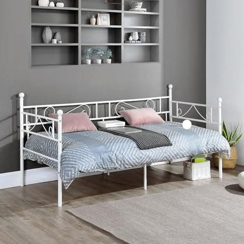 Image of FURNITABLE Metal Bed 3ft Single Day Bed Frame Guest Sofa Bed Daybeds for Living Room Bed Room Fits for 90 * 190 cm Mattress White