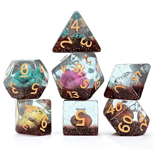 Image of Gate Keeper Games and Dice: Inclusion Dice: Dinosaur Eggs - 7pc RPG Set, Multi-Colored Dino Eggs & Brown Glitter in Clear Resin, Role Playing Games