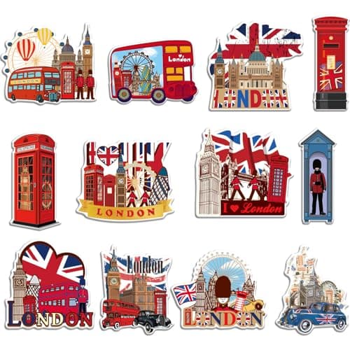 Image of Luvart London Fridge Magnets for Kitchen - 12 Pcs London Souvenirs Gifts British Union Jack Souvenir Magnet England Red Phone Box Deck Bus Fridge Magnetic Unique Stylish Design Holiday Souvenir Gift