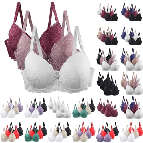 Image of Padded Underwire Bras for Women Women's Comfortable Underwire T-Shirt Bra 3 Pack Lace Push Up Full Coverage Minimizer Bras Multipack Bralette High Impact Support Adjustable Everyday Underwear Beige