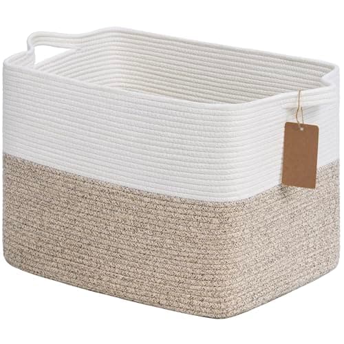 Image of TIMEYARD 50L Woven Storage Basket, Small Laundry Baskets, Blanket hamper Living Room, Rectangle Rope Baskets for Toy with Handles, Brown and White, 46 x 36 x 30 cm