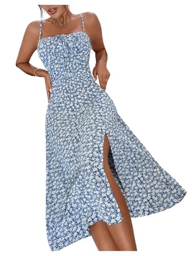 Image of GORGLITTER Women's Floral Milkmaid Dress Boho Tie Front A Line Flared Midi Cami Dress Summer Beach Split Thigh Sundress Blue and White L