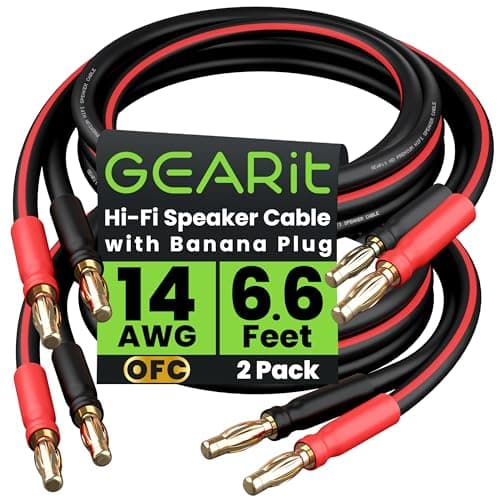 Image of GEARit 14 AWG Speaker Cable with Banana Plugs (2 Pack, 6.6 Feet - 2 Meter) - 14Ga Gauge Banana Wire for Bi-Wire Bi-Amp HiFi Surround Sound - 99.9% OFC Copper, Gold Plated Tips - Black