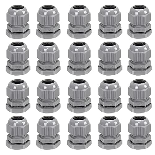 Image of 20 Pack M20 20mm IP68 Waterproof Nylon Cable Glands, Suitable for 6mm - 12mm Cables (Grey)