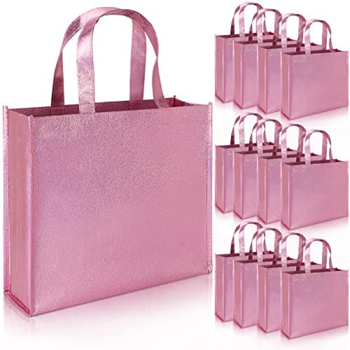Image of PHOGARY 12 Large Gift Bags with Handle (Non-Woven Fabric), Stylish Tote Bags for Birthday Wedding Party Favour Baby Shower Present Wrap, Reusable Glossy Grocery Bags (Pink)