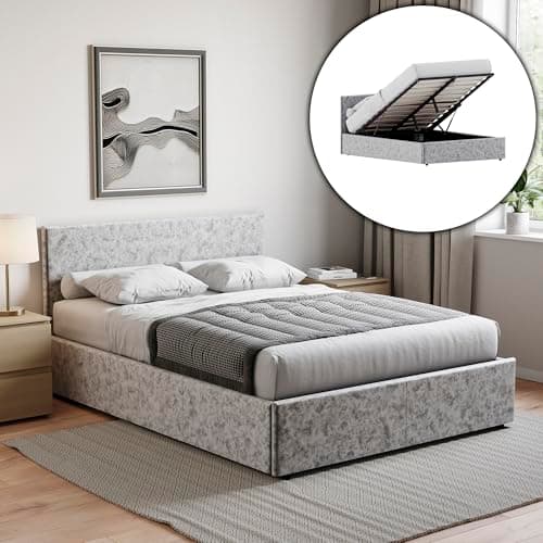 Image of Vida Designs Veronica King Size Ottoman Bed – 5ft Bed Frame with Modern Lift-Up Storage, Upholstered Fabric Headboard, Silver Velvet, Bedroom Furniture (UKFR Certified)