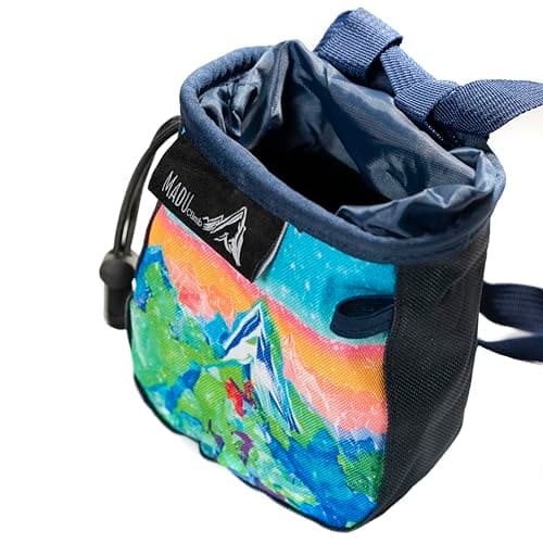 Image of Madu Climb Rock Climbing Bag Sport Climb Chalk Pouch with Zippered Pocket, Brush Holder, Fleece Lining & Drawstring Closure (Blue Art Design)