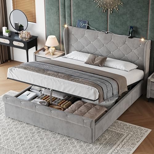 Image of ModernLuxe Upholstered Double Bed Frame, 4FT6 Ottoman Bed with Hydraulic Storage, Diamond Tufted Headboard with Charging Station and Reading Light, USB & Type-C Ports, Velvet, Grey, 135x190cm
