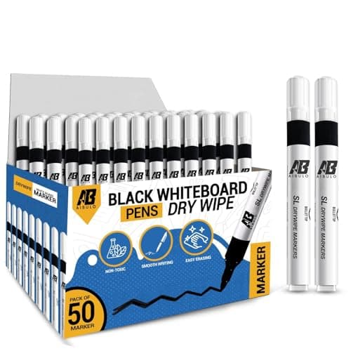 Image of Aibulo 50x Black Whiteboard Pens | Dry Wipe Marker Bullet Tip | Non-Toxic Low Odor Ink | Erasable White Board Markers for Classroom, Office & Home
