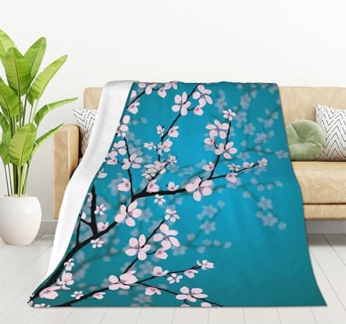 Image of HGOD DESIGNS Plum Blossom Flannel Fleece Bed Blanket 130x150cm Pink Flowers Throw Blanket Lightweight Cozy Plush Blanket for Bedroom Living Rooms Sofa Couch