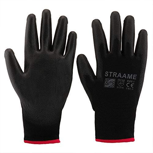Image of Straame Pack of 12 or 24 Black Safety Work Gloves, Outdoors PU and Nylon Non-Slip Work Handling Gloves, Good Dexterity Firm Grip Protective Working Gloves Size (Pack of 12 Pair's, XL)