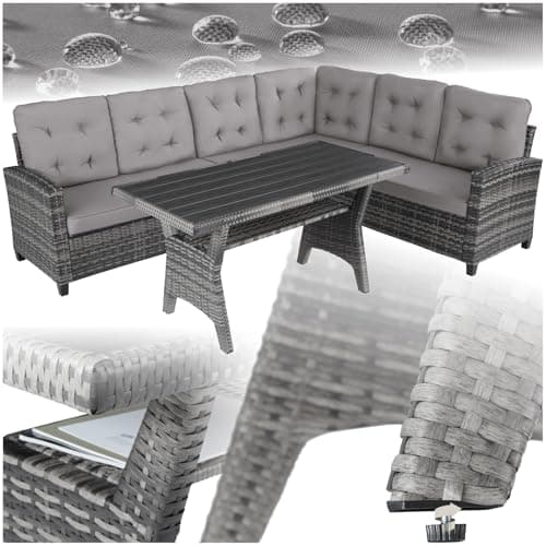 Image of tectake® Rattan Garden Furniture Set, 8 Seater Corner Sofa, 3 Piece Modular Sofa, 1 Table with Storage Shelf, Comfortable Seat and Back Cushions, for garden, patio, balcony - grey