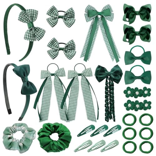 Image of YAEGIMHT Green Hair Accessories for Girls, 28 Pcs School Hair Accessories Include Bow Hair Clips Headband Hair Bands Ribbon Ponytail Holder, Hair Bows Set for Girls Daily Dress (Green)