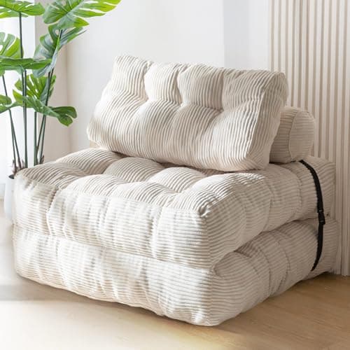 Image of MAXYOYO Folding Sofa Bed, Convertible Sleeper Chair with Pillow Foldable Mattress with Back Support, Portable Fold Out Chair Bed Comfy Floor Sofa Lounge for Living Room Bedroom, Beige