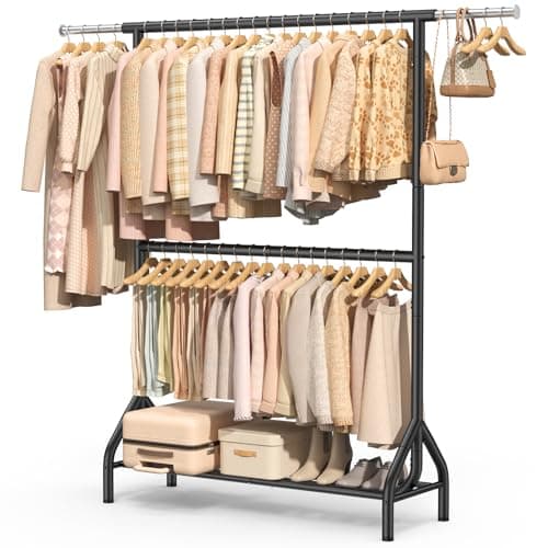 Image of EAGMAK Double Clothes Rail Heavy Duty Load 280 Kg, Clothes Rail for Hanging Clothes, Garment Rack with Sotrage Shelves, Clothing Hanger Closet Wardrobe Organizer with Upper and Lower Rods (Black)
