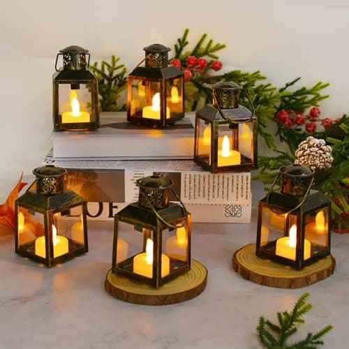 Image of Gold Candle Lantern Christmas Halloween Wedding Decor - 6Pcs Small Decorative LED Lantern Hanging Candles for Table Decoration Moroccan Ramadan