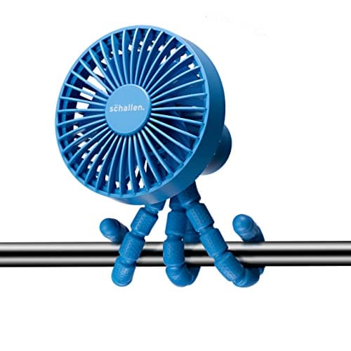 Image of Schallen Rechargeable 4 Way Portable Lightweight Fan for Pram Fan, Car Seat, Desk, Office, Travel Fans | Clip on, Handheld, Tripod & Phone Holder (Blue)