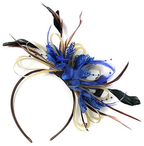 Image of Caprilite Gold and Navy Blue Net Hoop Feather Hair Fascinator Headband Wedding Royal Ascot Races