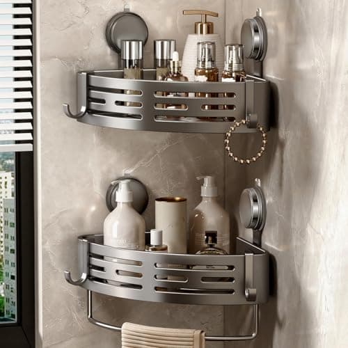 Image of Voldra Corner Shower Caddy Suction Cup, Shower Shelf Coner No Drilling Bathroom Coner Shelves Suction Shower Organiser Rack Adhesive Corner Caddy with Towel Bar Wall Mounted(2-Pack, Grey)