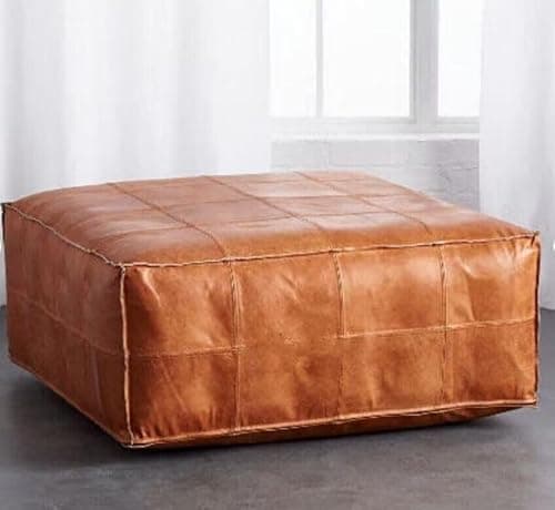 Image of Handmade Moroccan Leather Ottoman Pouffe, Square Footstool, Tan Brown, Quilted Design, Pouffe Comes without Stuffing