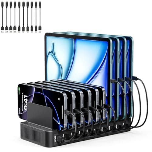 Image of USB C Charging Station for Multiple Devices, 10-Port 100W Charging Dock, with Adjustable Dividers, USB-C Power Hub, Compatible with iPhone/Samsung/Google/Tablets/USB Devices (with 10 Cables)