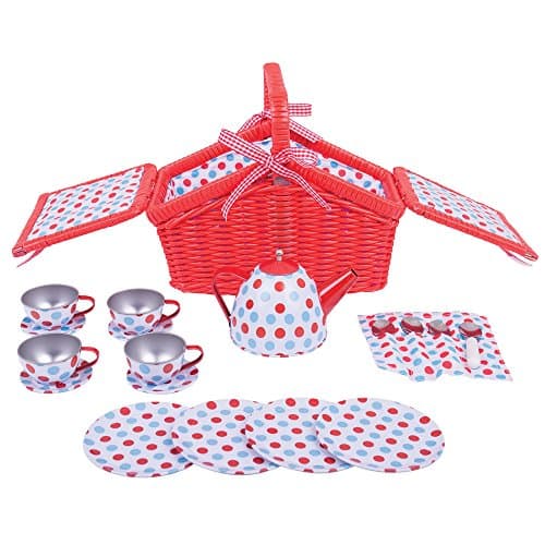 Image of Bigjigs Toys Colourful Spotted Tea Set and Carry Basket - Pretend Role Play