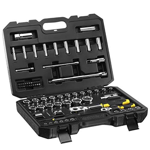 Image of STANLEY STMT82831-1 Set of ¼ Inch + ½ Inch Sockets + 72 Teeth 1/4 Inch Ratchet + 72 Teeth 1/2 Inch Ratchet – Compact and Durable Case with Metal Fasteners – Set of 72 Pieces