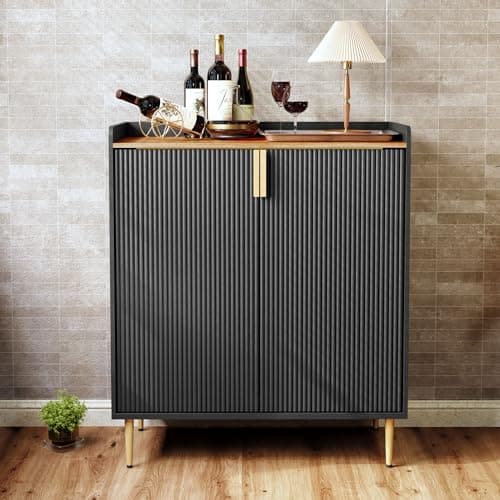 Image of HOLTICO Drinks Cabinet, Wine Cabinet for 9 Bottles Bar Cabinet with Glass Holders Freestanding Wine Rack Sideboard Bar Table Buffet for Living & Dining Room, Black
