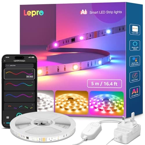 Image of Lepro S2 AI Smart LED Strip Light 5M RGBW+IC, Works with Alexa, Google Assistant, Music Sync, 1200LM White Light, Personalized AI Lighting Designer, Zonal Colour Control LED Lights, App Voice Control