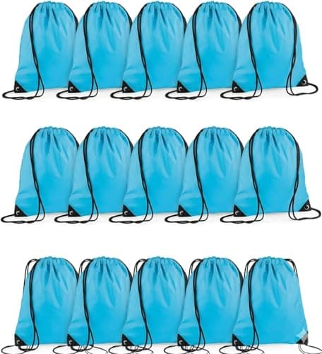 Image of Playcrate 15 Drawstring Bags Backpack - Party Gift Bags & Sports String Bag for Gym, School, Travel Storage Organization (Light Blue)