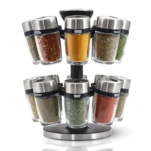Image of Cole & Mason H121808 Cambridge 16 Glass Spice Carousel, Rotating Spice Rack/Spice Oragniser/Spice Storage, Stainless Steel, Spice Jars with Labels, Includes Spices, Silver