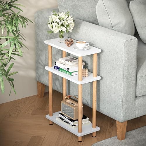 Image of APICIZON Narrow Side Table, Slim Small Table, 3 Tier End Table Living Room, 40x18x61.5cm, Modern Thin Side Table for Living Room, Bedroom, Sofa, Small Nightstand with Magazine Rack, White&Nature