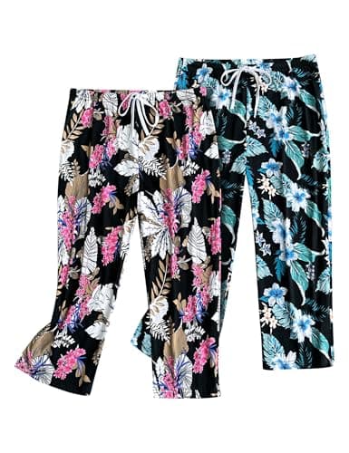 Image of ENJOYNIGHT Women's Pyjama Bottoms Cotton Capri Pants Lounge Pants with Drawstring Sleepwear (Large,Blue Floral+Pink Floral)