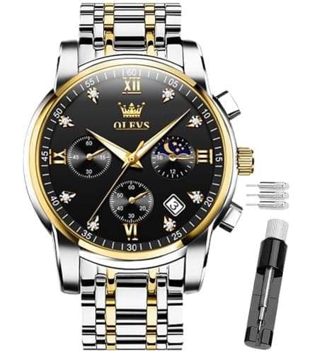 Image of OLEVS Male Wrist Watches, Analog Quartz Business Stainless Steel Waterproof Luminous Luxury Casual Big Diamond Dial Date Multi-Function Chronograph for Man