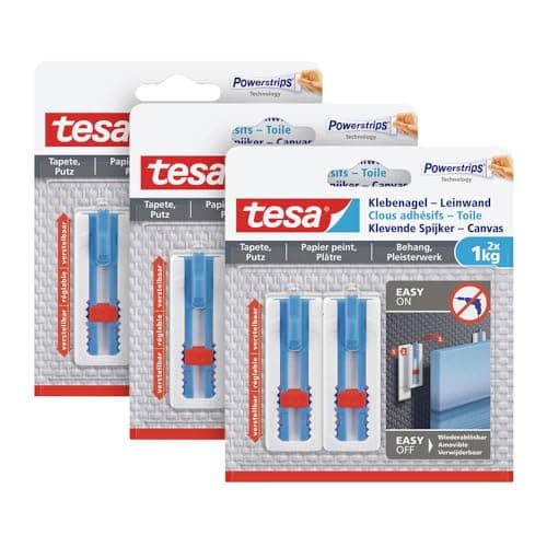 Image of tesa adhesive nail canvas - wallpaper & plaster – adjust height – self-adhesive nail – canvas & stretcher frame – adhesive strength 1kg/nail – remove without trace