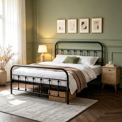 Image of Panana 4ft Double Metal Bed Frame Small Double Bed Solid Bedstead with Headboard New (Black, 4FT)
