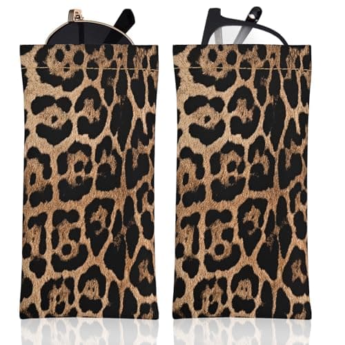 Image of ZUIMEIHQH 2 Pieces Leopard Print Glasses Case, Portable Squeeze Top Slim Glasses Case, Glasses Pouch for Women with Cleaning Cloth