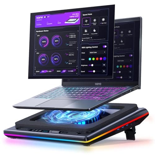 Image of llano V12 Ultra Laptop Cooling Pad with Intelligent Software Control, RGB Gaming Laptop Fan Cooler Stand, 5.5" Turbo Fan, Adjustable Speed, 3*USB 3.0 Ports, Ergonomic Design, for 15.6"-21" Laptops