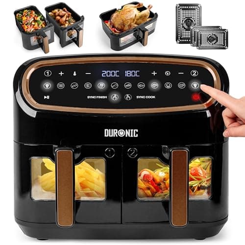 Image of Duronic XXL Air Fryer AF34 BG 10L Digital Family Size Air Fryers Oil Free Triple Drawers 10in1 Dual Zone Extra Large AirFryer for Family Cooking with Dishwasher Safe Non-Stick Baskets Black