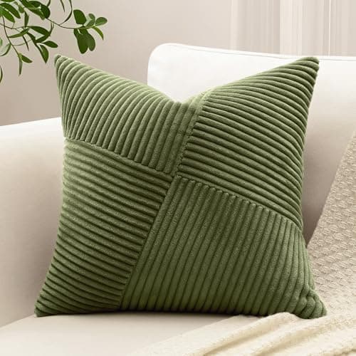 Image of Sungeek Set of 1 Soft Corduroy Decorative Cushion Cover 50x50cm Striped Pinwheel Patchwork Textured Throw Pillow Cases Farmhouse Solid Square Pillow Covers 20x20 Inch for Sofa Bed Couch, Olive Green