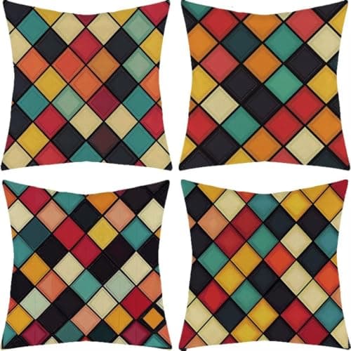 Image of Set of 4 Home Decorative Linen Cushion Covers - 45x45cm - Checkered Pattern Decor Pillow Case, Multicolor Cushion Cover with Invisible Zipper Pillow Cases, for Outdoor Patio Garden Blench CX-2256