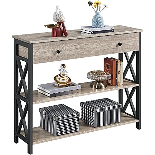 Image of Yaheetech Grey Console Table with Drawer, Vintage Entry Table Slim Sofa Side End Table with 2 Storage Shelves for Living Room and Hallway, Metal Frame, 100x29.5x81cm
