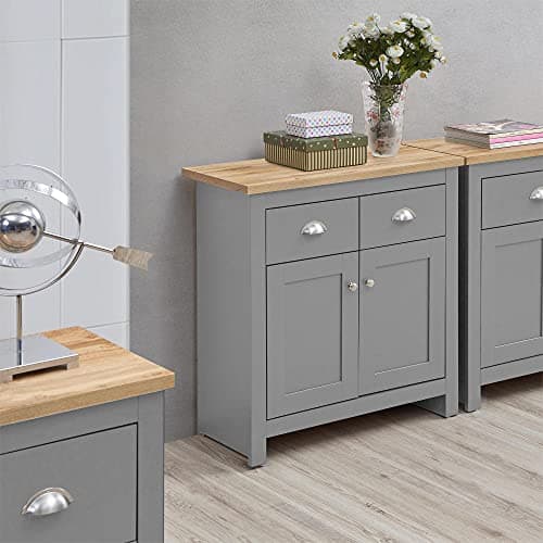 Image of Timber Art Design UK Lisbon Sideboard Storage Cupboard with 2 Doors & 2 Drawers Compact Storage Organizer Unit For For Dining Room, Living Room, Modern Cupboard, Grey - H82 x W79 x D35 cm
